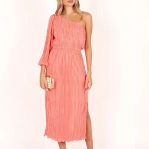PONTEE ONE SHOULDER PLEATED MIDI DRESS - CORAL